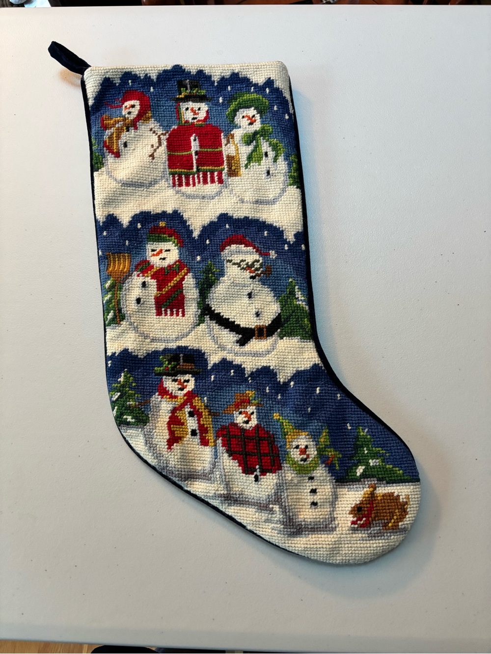 Vintage Stocking Snowman Blue Needlepoint
